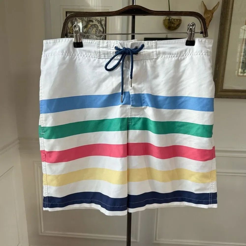 Southern Tide White Stripe Swim Trunks L